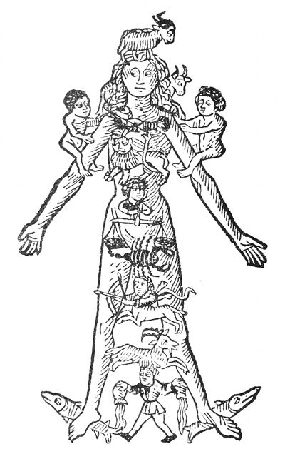 A black and white illustration of a tall woman covered in small figures and fish.