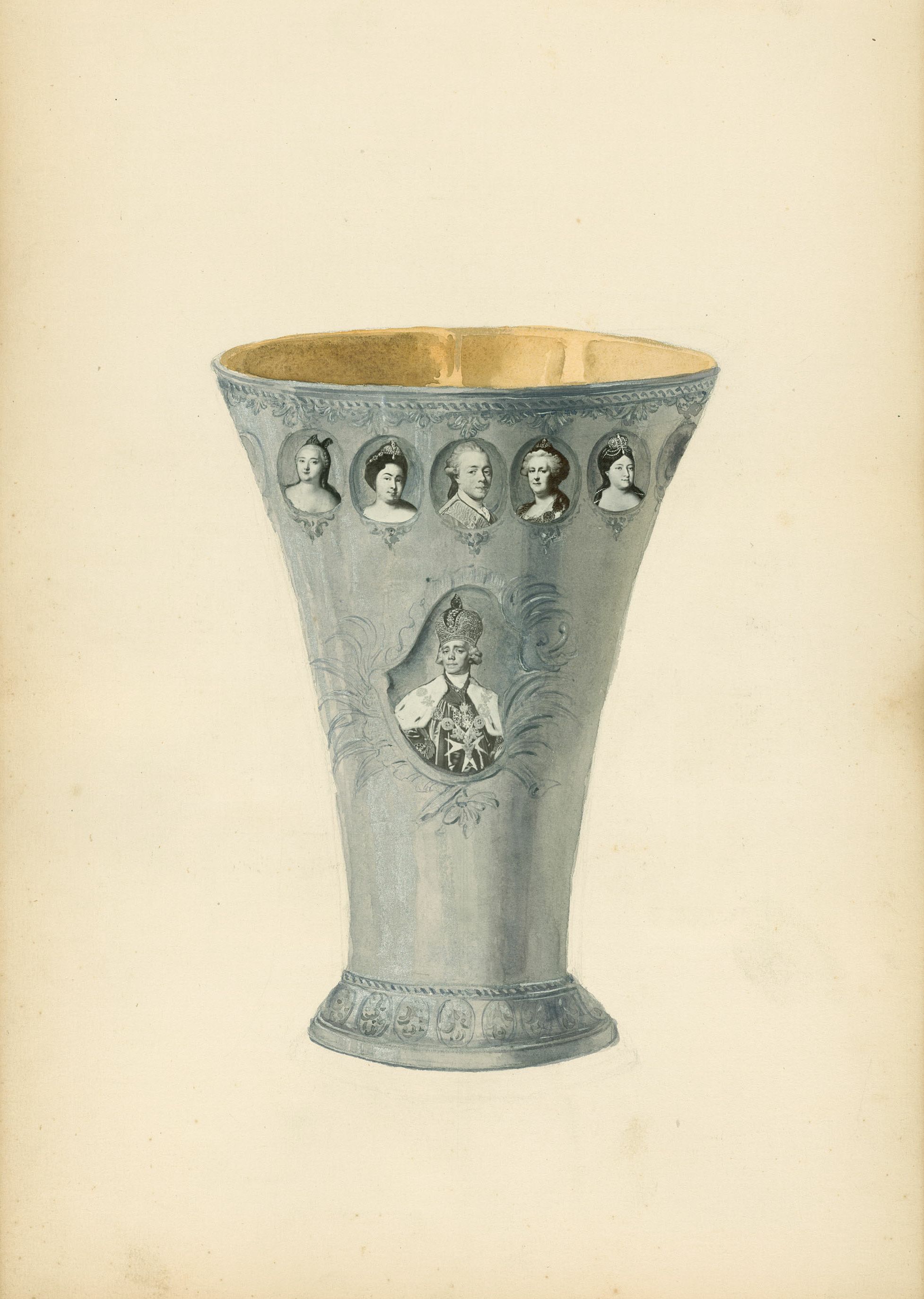 A tall, ornate vase with six oval portraits of historical figures around the upper portion, decorated with floral patterns and a gold-colored rim.