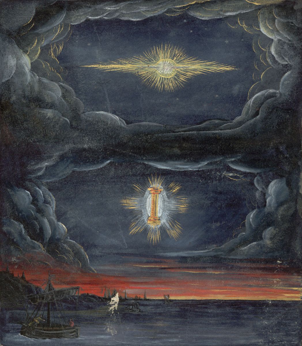 A dramatic painting of a seascape with a celestial event. Dark clouds fill the sky, with two bright light sources—a sunburst and a golden pillar—illuminating the scene. Several ships are scattered across the dark sea, with one firing a cannon. The horizon is a fiery red, creating a sense of drama and mystery.