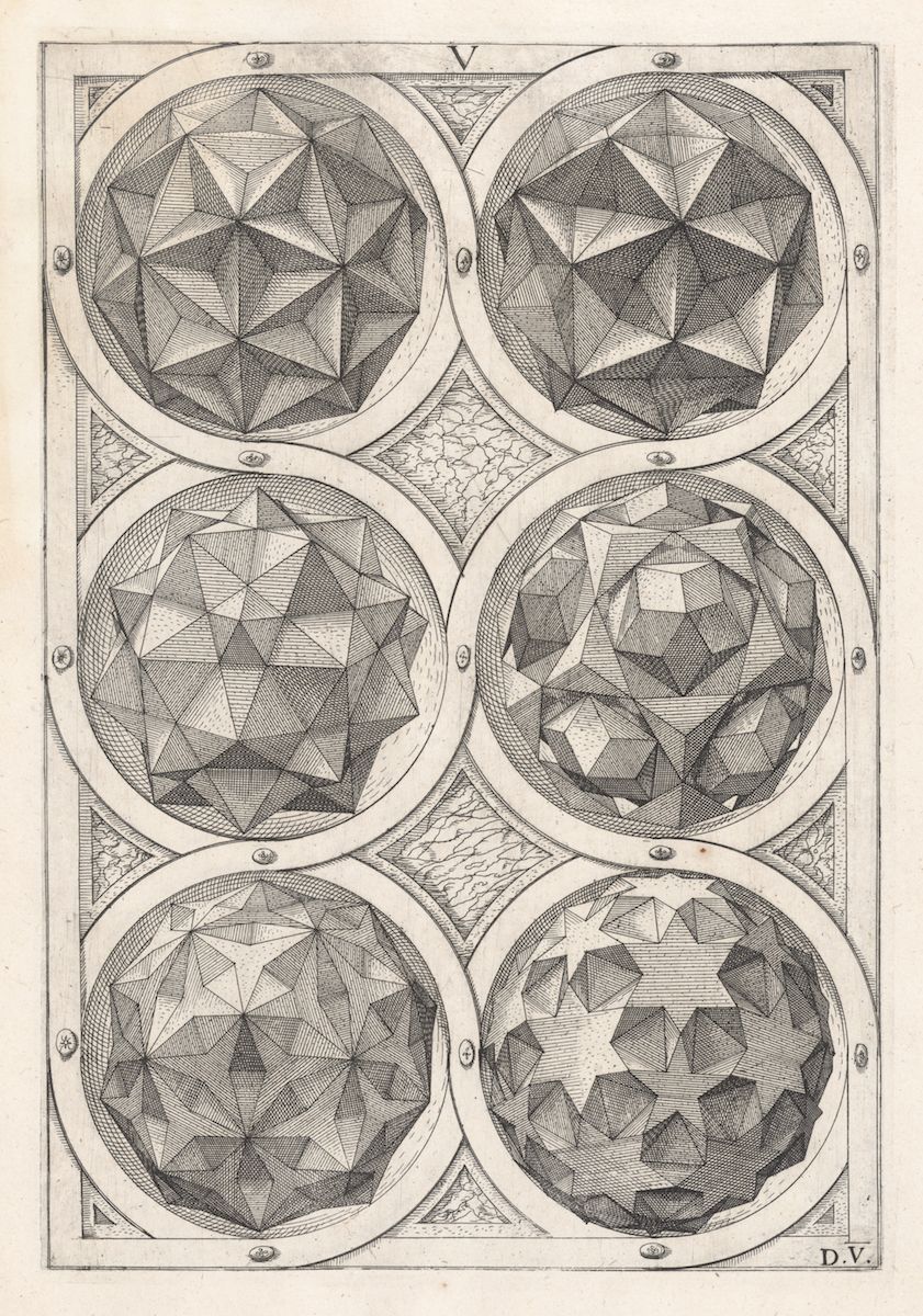 A black and white engraving of six circles filled with radiating triangular patterns, arranged in a grid with an intricate geometric background. Roman numeral 'V' at the top center and 'D.V.' at the bottom right corner.