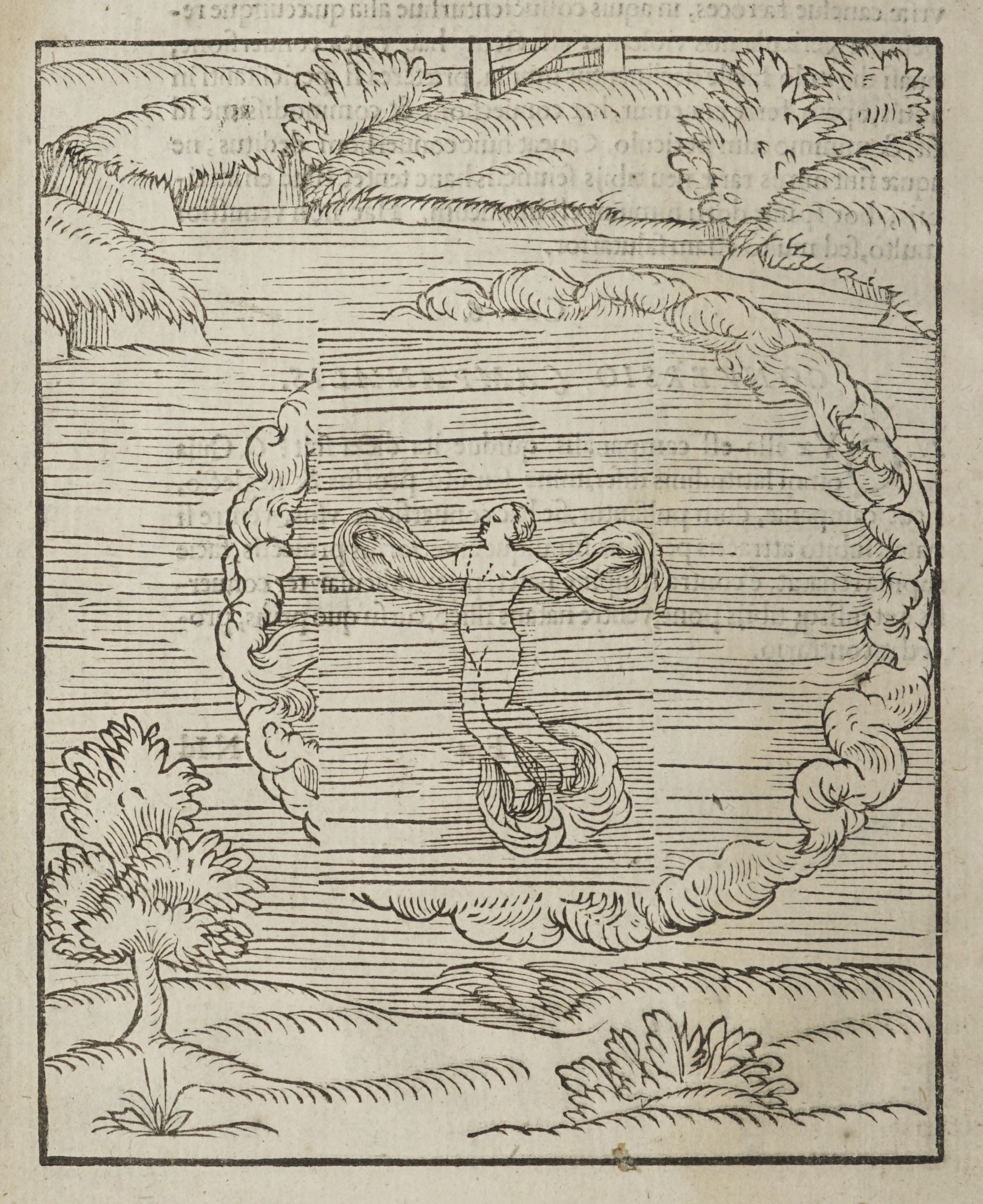 A black and white woodcut illustration of a nude figure standing in the center of a circular pattern of swirling smoke or vapor, with trees and water in the background.