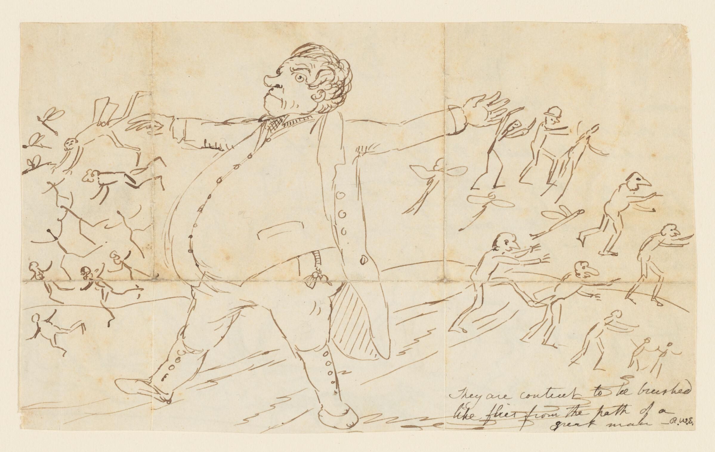 A sepia-toned sketch of a man surrounded by chaotic figures.