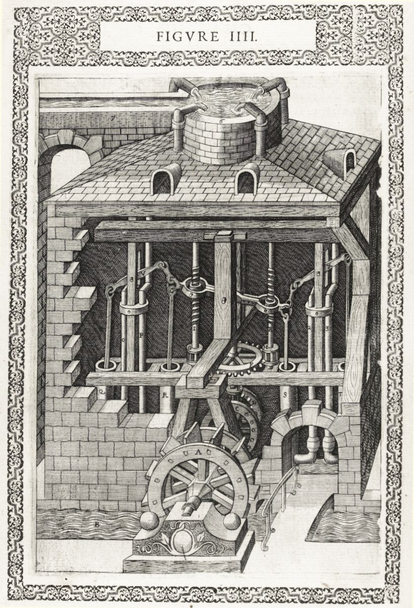 Detailed engraving of a complex water-powered machine housed within a brick tower.