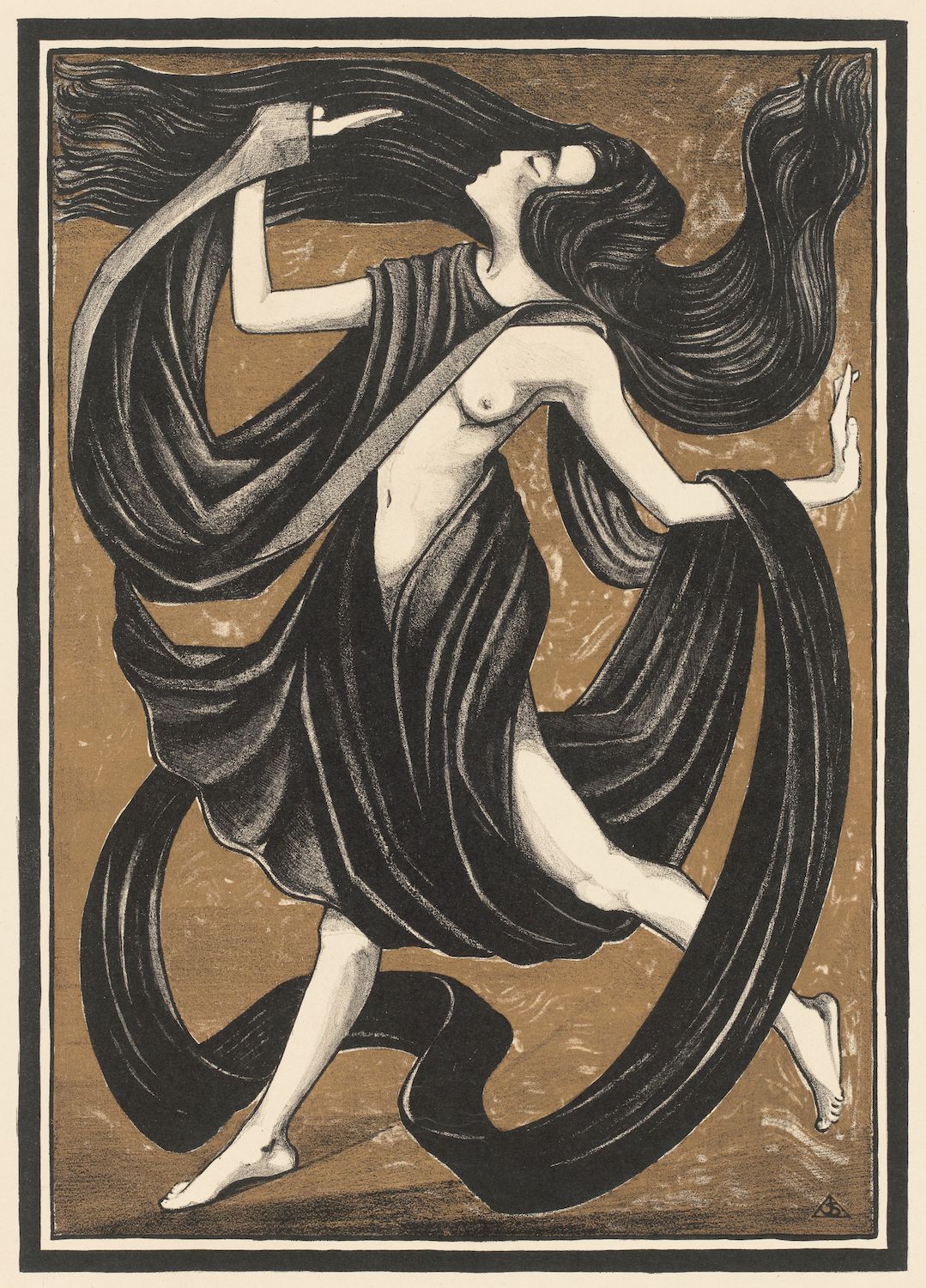 A black and white drawing of a nude woman surrounded by flowing hair or fabric. The style is reminiscent of Art Nouveau, with strong lines and a focus on flowing forms.