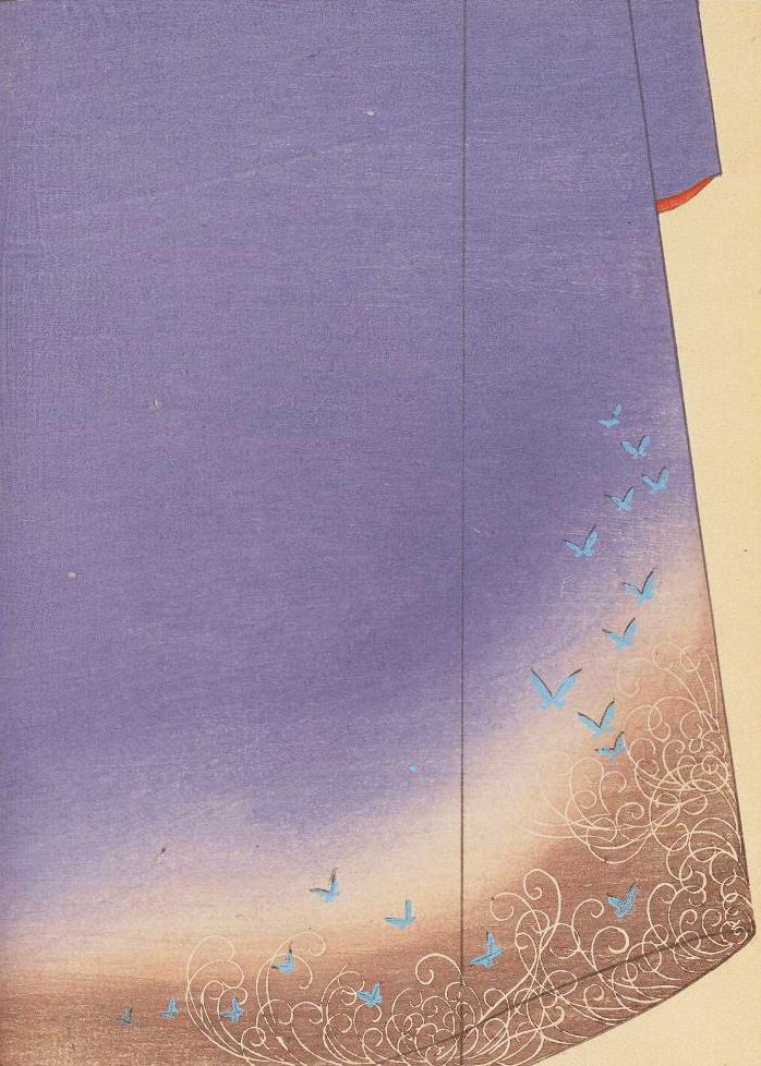 A portion of a lavender kimono with gold ornamental swirls and light blue birds.