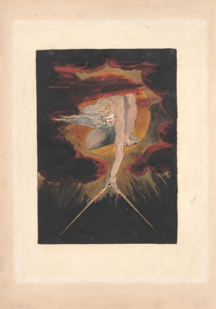 A drawing of a nude figure descending towards a radiant, pointed object against a dark, fiery background.