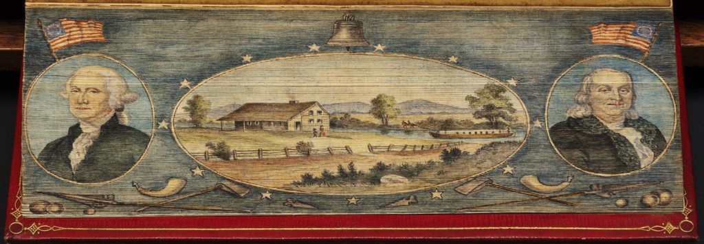 Antique embroidered panel with portraits, landscape, and patriotic symbols.