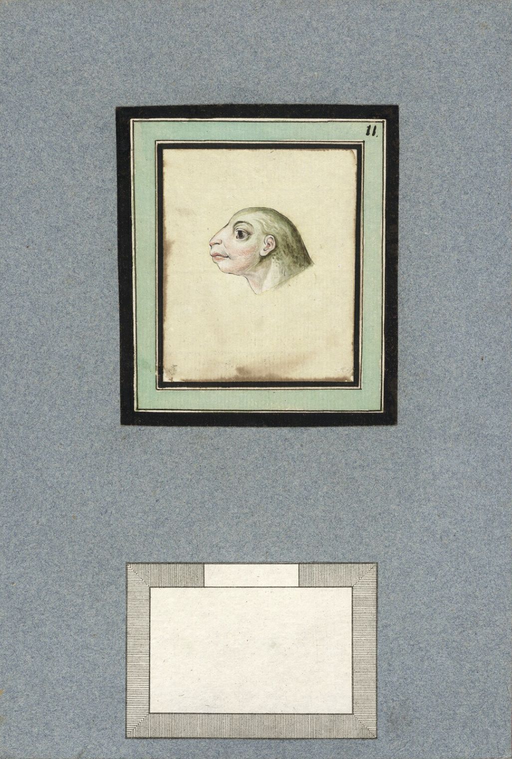 A vintage-style portrait of a person in profile, framed within a decorative border, with a blank rectangular space below.