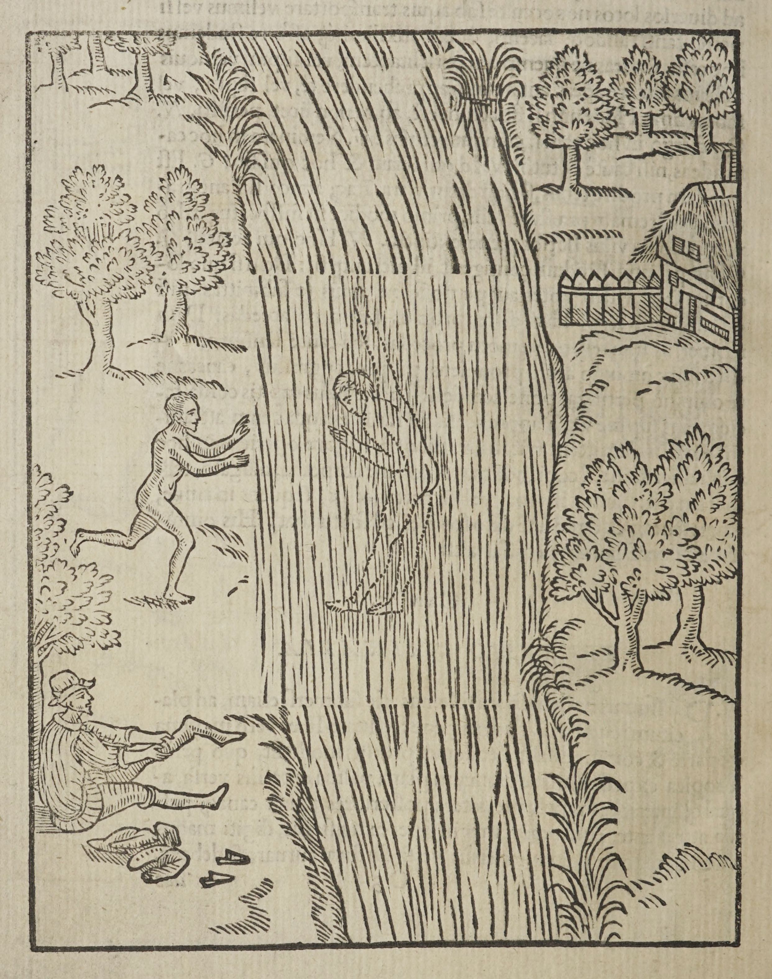 A black and white woodcut illustration depicting a landscape with a winding path, an older man lying on the ground, and two figures running towards or away from each other.