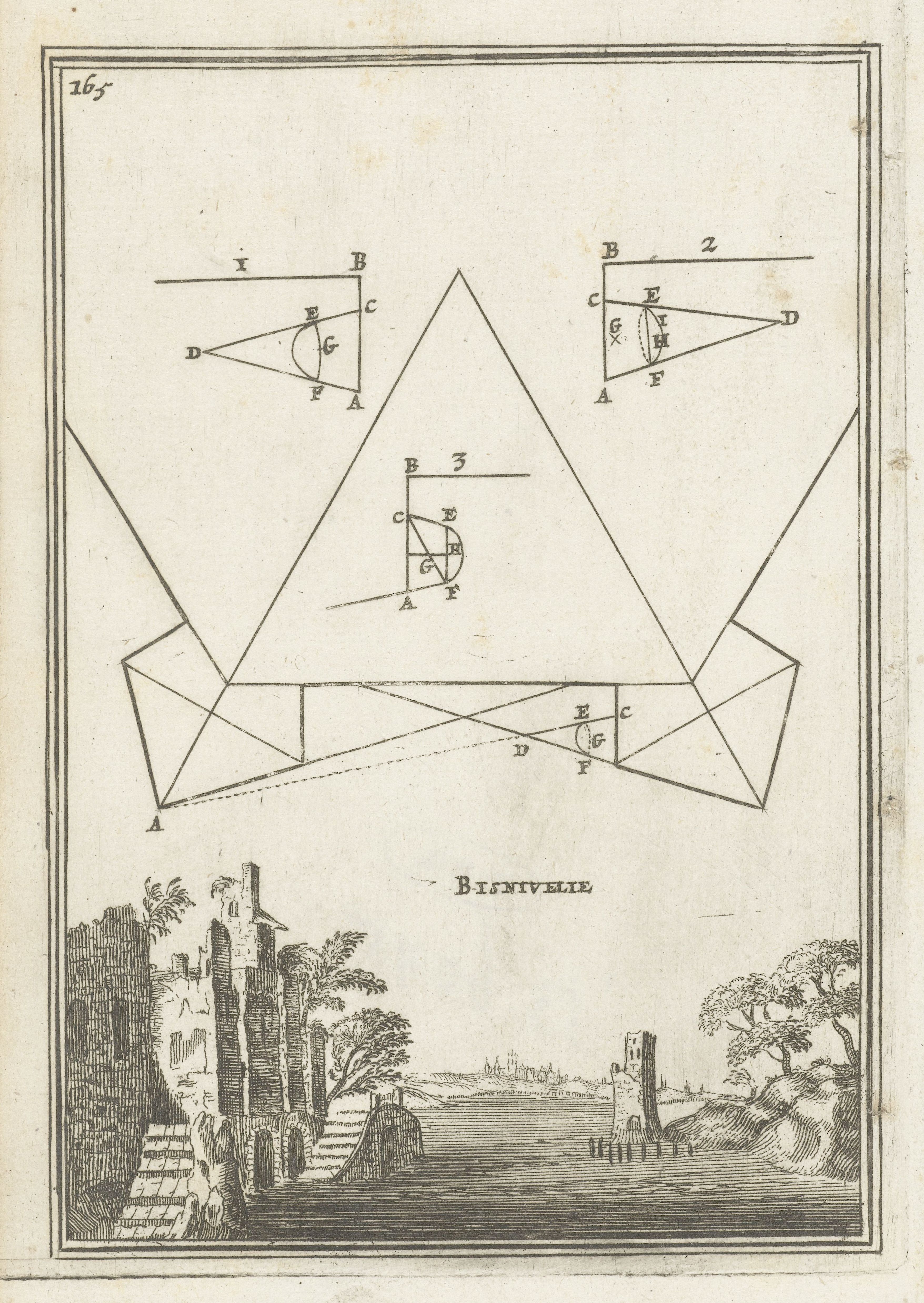 Vintage engraving of geometric diagrams above a landscape scene with a walled city and trees.