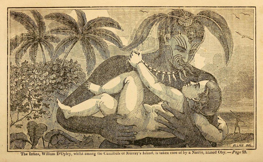 Vintage engraving of a tattooed man cradling a baby on a tropical island.
