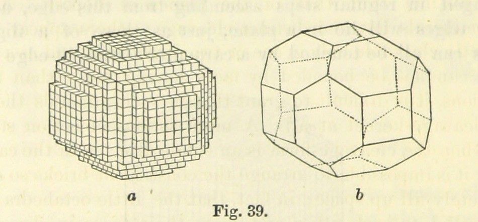 Vintage scientific illustration of two geometric shapes: a stepped cube and a dodecahedron.