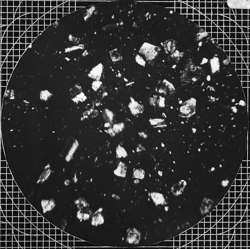 Microscopic view of a dark field with numerous small, bright, irregularly shaped particles scattered across it.