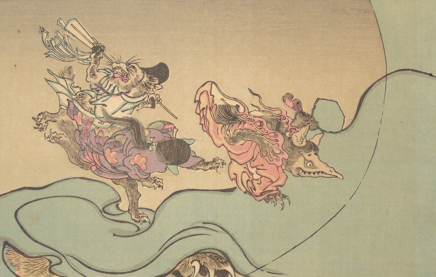 Vintage illustration of a warrior battling a dragon over turbulent waves.