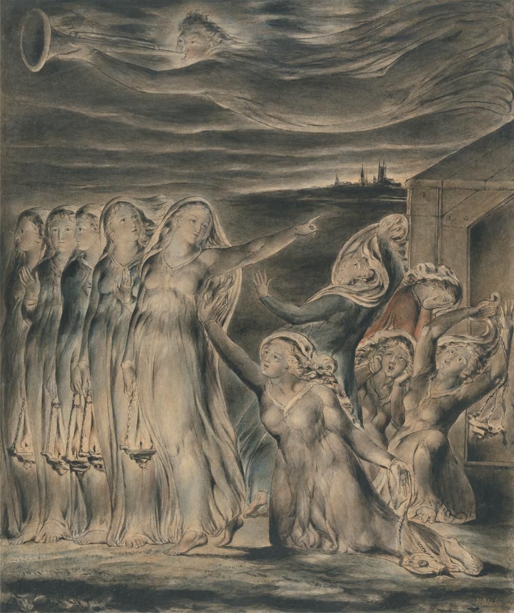 A monochrome engraving or etching depicting a dramatic scene with a group of figures set against a dark, swirling sky.