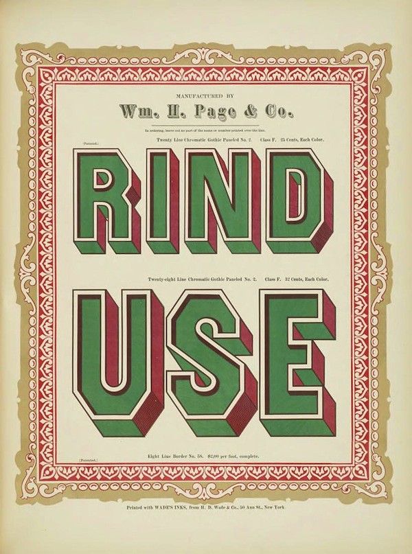 A vintage lithograph advertising a product or service with bold, chromatic lettering and an ornate border.