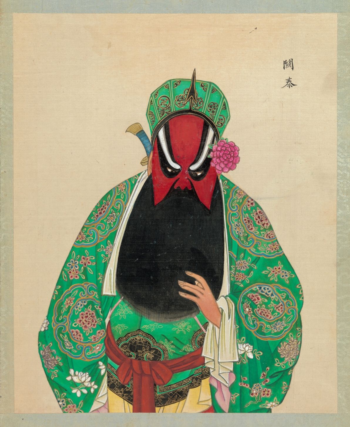 Vintage painting of a Chinese opera performer in a green and red costume with a painted face and ornate hat.