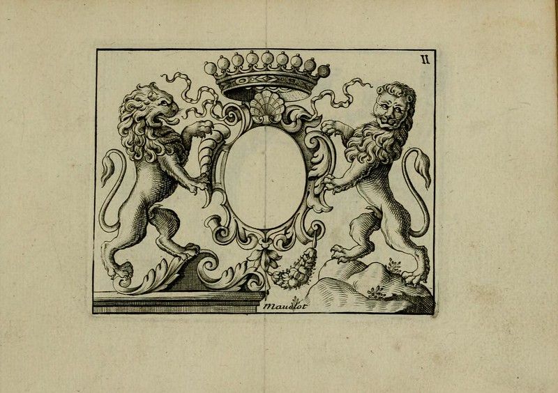 A detailed black and white engraving of a heraldic design featuring a shield supported by two lions, topped with a crown, and a scroll with the name 'Mauslot'.