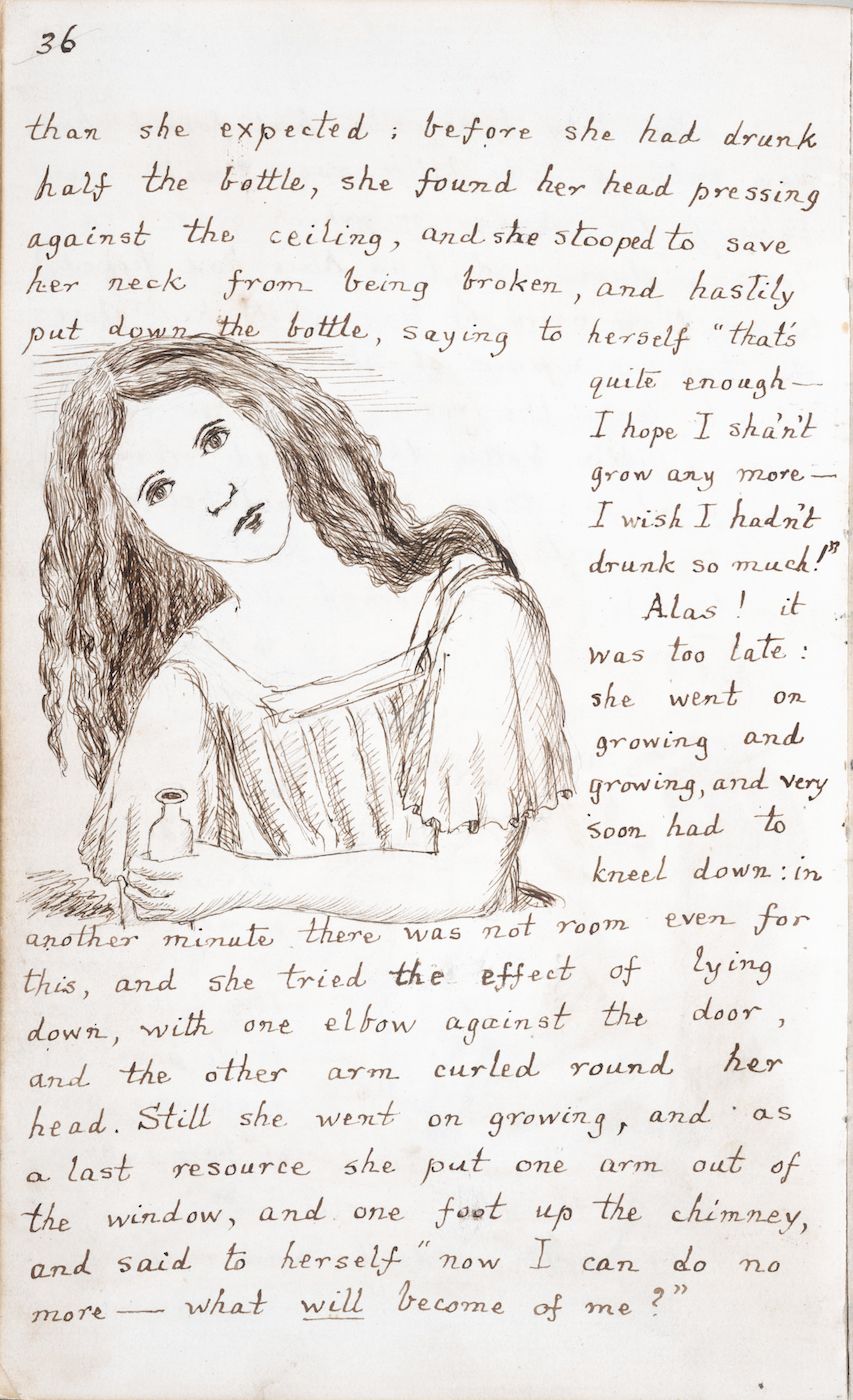 Vintage illustration of a girl growing rapidly in size, pressing against the ceiling, with handwritten text surrounding the drawing.