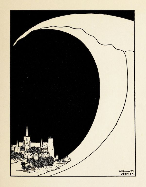 Vintage illustration of a castle under a dark crescent moon.