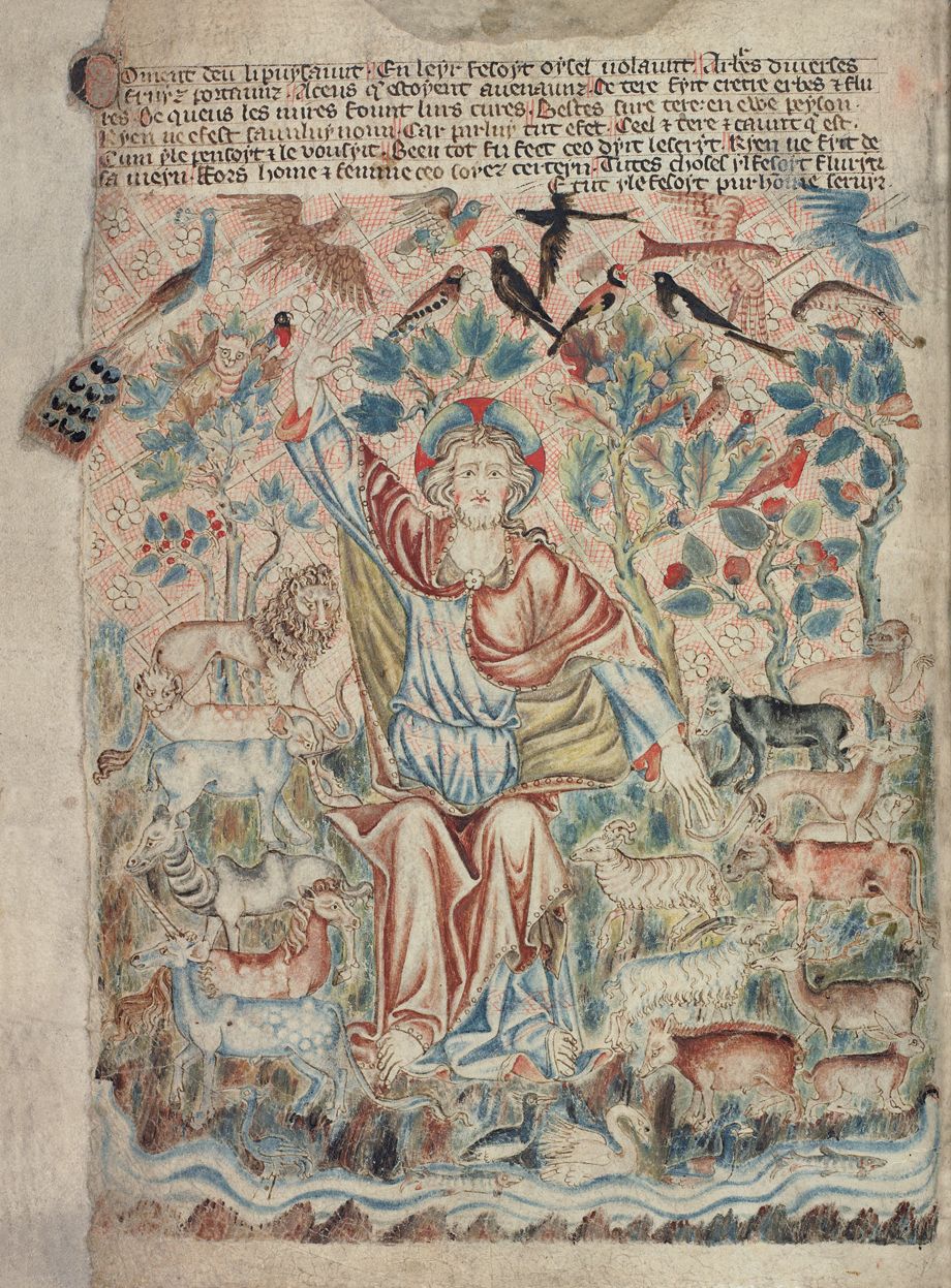 A detailed medieval manuscript illustration depicting a man with a long beard conducting a lively scene of people and animals in a vibrant landscape.