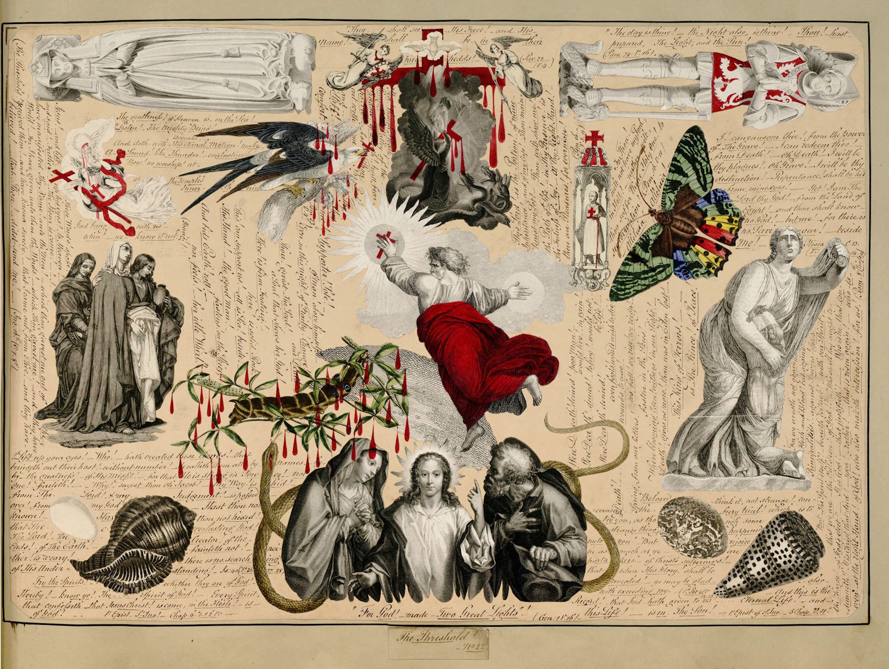 A vintage-style image with a sepia-toned background covered in dense, handwritten text. It features a variety of symbolic imagery arranged around a central, bright red heart.