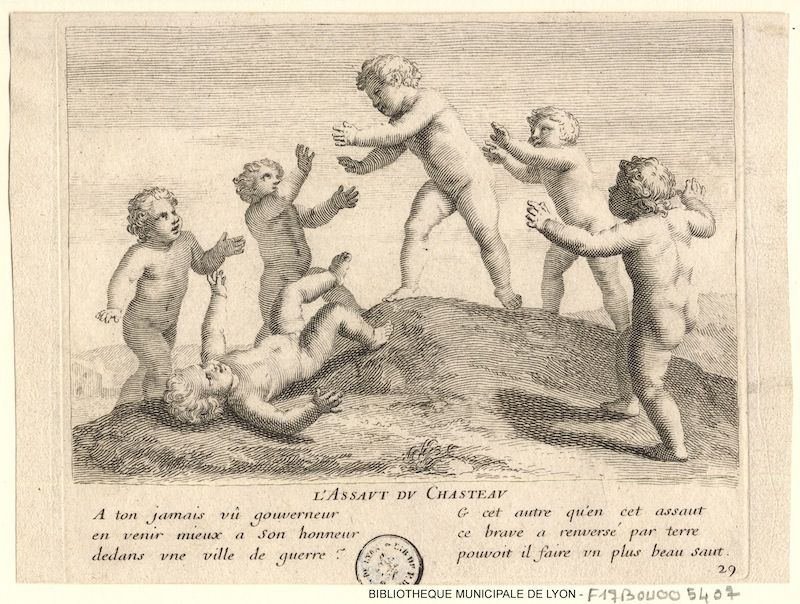 A black and white engraving depicting a chaotic scene with multiple cherubic figures.