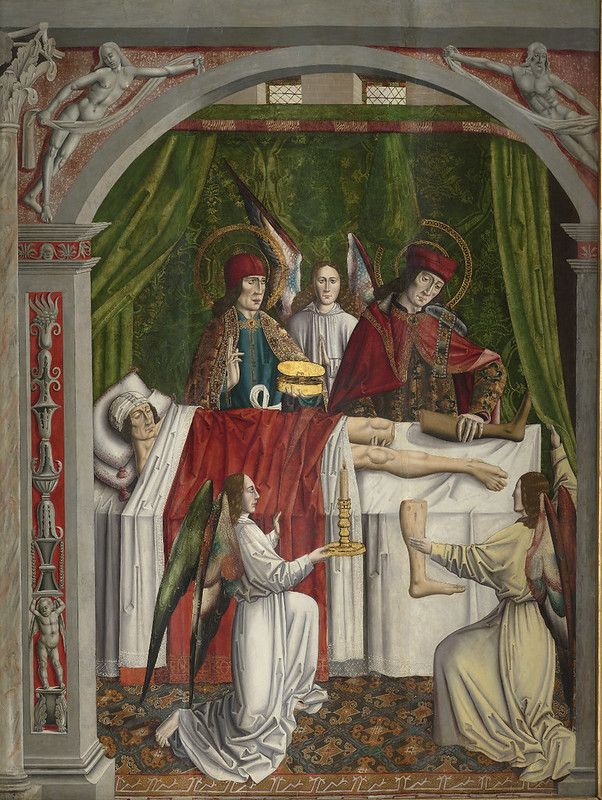 A painting depicting a religious scene, likely a deathbed or mourning scene. The central focus is a figure lying on a bed or platform, appearing pale and lifeless. Surrounding this figure are several individuals, dressed in elaborate robes and garments. Two figures in red robes with halos are prominently positioned, seemingly attending to the deceased. They are holding a bowl and a small object, possibly related to religious rites. Below, several other figures are kneeling, dressed in white robes, and appear to be mourning or praying. The scene is framed by architectural elements, including columns and a decorative archway. The background features green drapery, and there are angelic figures in the upper corners. The overall style is reminiscent of medieval or Renaissance religious art, with a focus on symbolism and spiritual themes. The color palette is rich and vibrant, with a lot of red, gold, white, and green. The painting is detailed and intricate, with a lot of attention paid to the clothing, facial expressions, and architectural details.