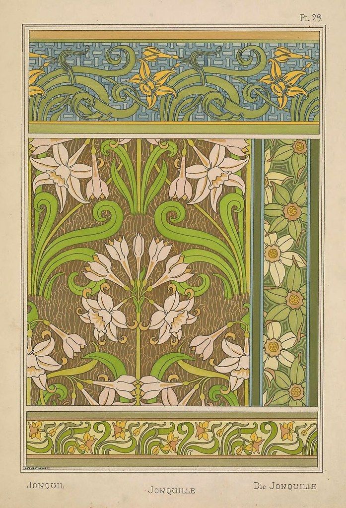 A vintage illustration of a daffodil pattern in the Art Nouveau style. The image is divided into three sections, each with a slightly different variation of the daffodil design.