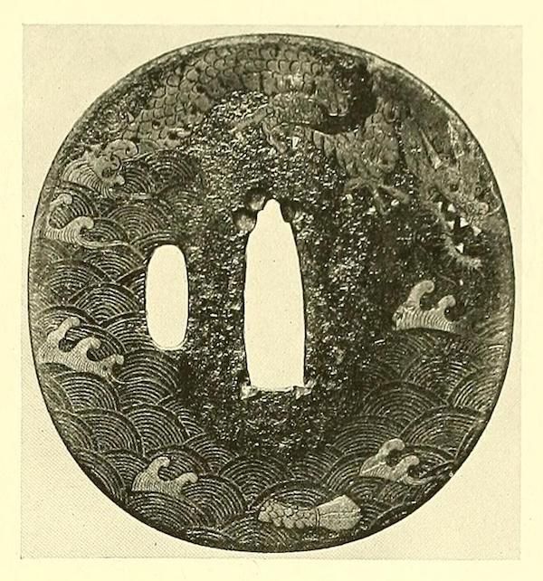 A vintage illustration of a dark-toned tsuba with intricate wave patterns and central openings for a sword.