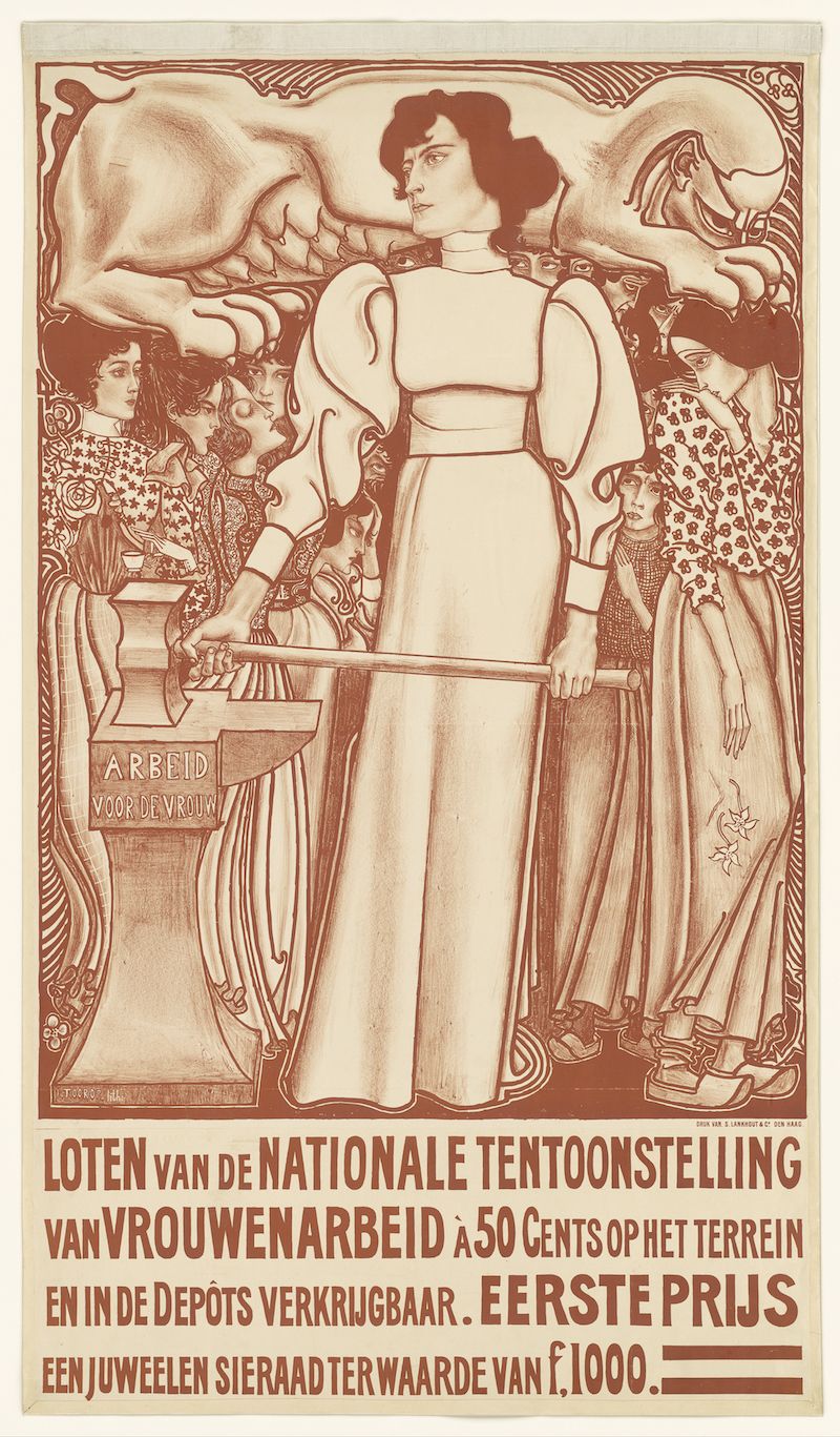 A sepia-toned Art Nouveau poster featuring a woman holding a banner with text in Dutch. The poster advertises an exhibition of women's work and offers a jewel as a first prize.