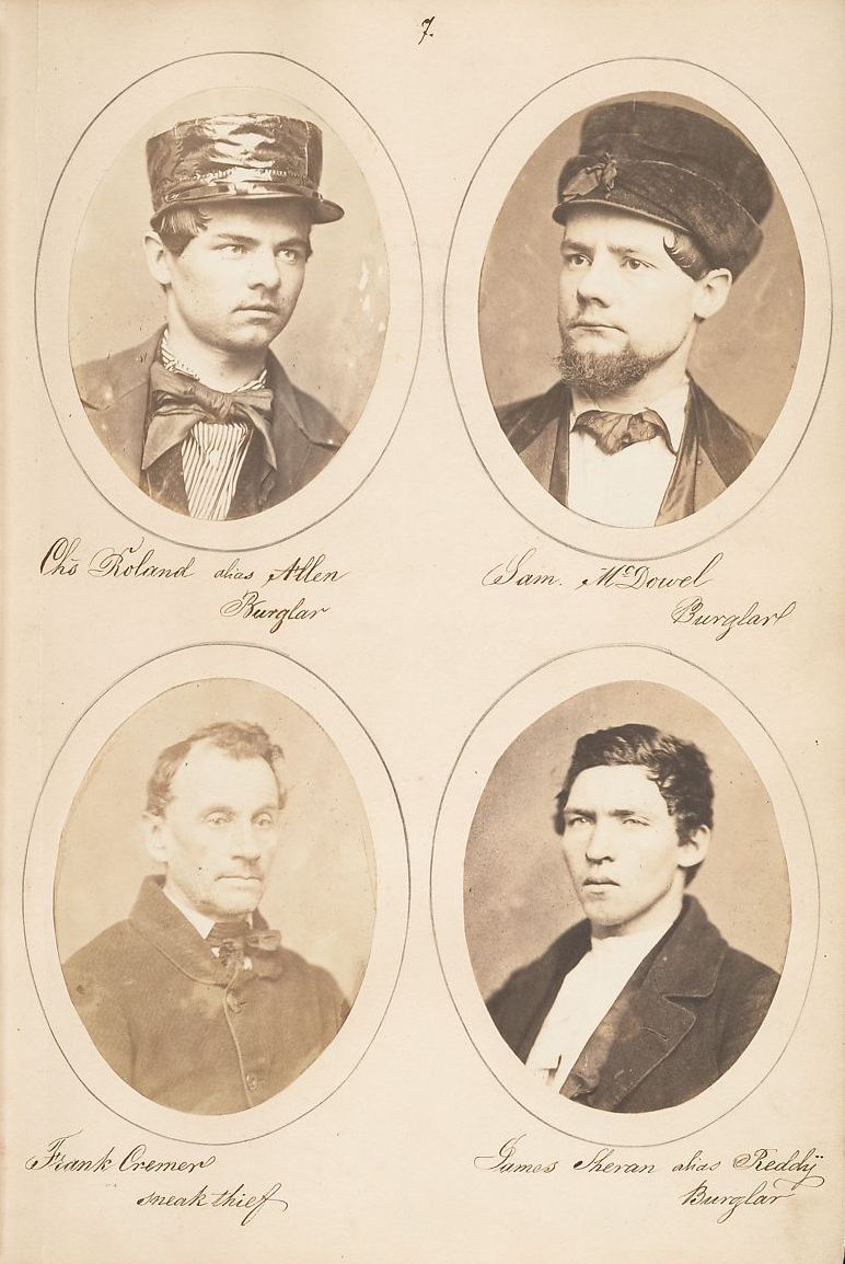 Four oval-framed portraits of men, labeled as burglars or thieves, arranged in a 2x2 grid on aged paper.