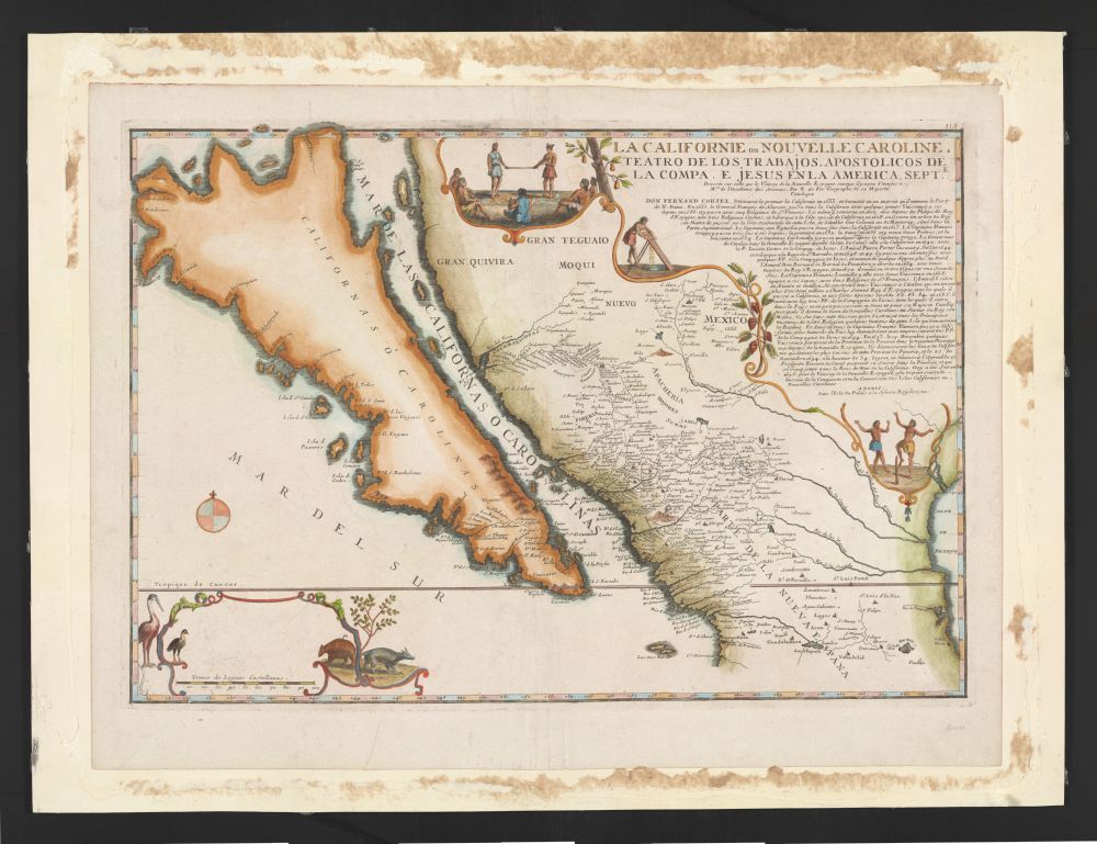 A vintage map titled "LA CALIFORNIE & NOUVELLE CAROLINE. TEATRO DE LOS TRABAJOS APOSTOLICOS DE LA COMPAÑIA DE JESUS EN LA AMERICA SEPT.". It depicts a geographical representation of California and parts of the southwestern United States and Mexico.