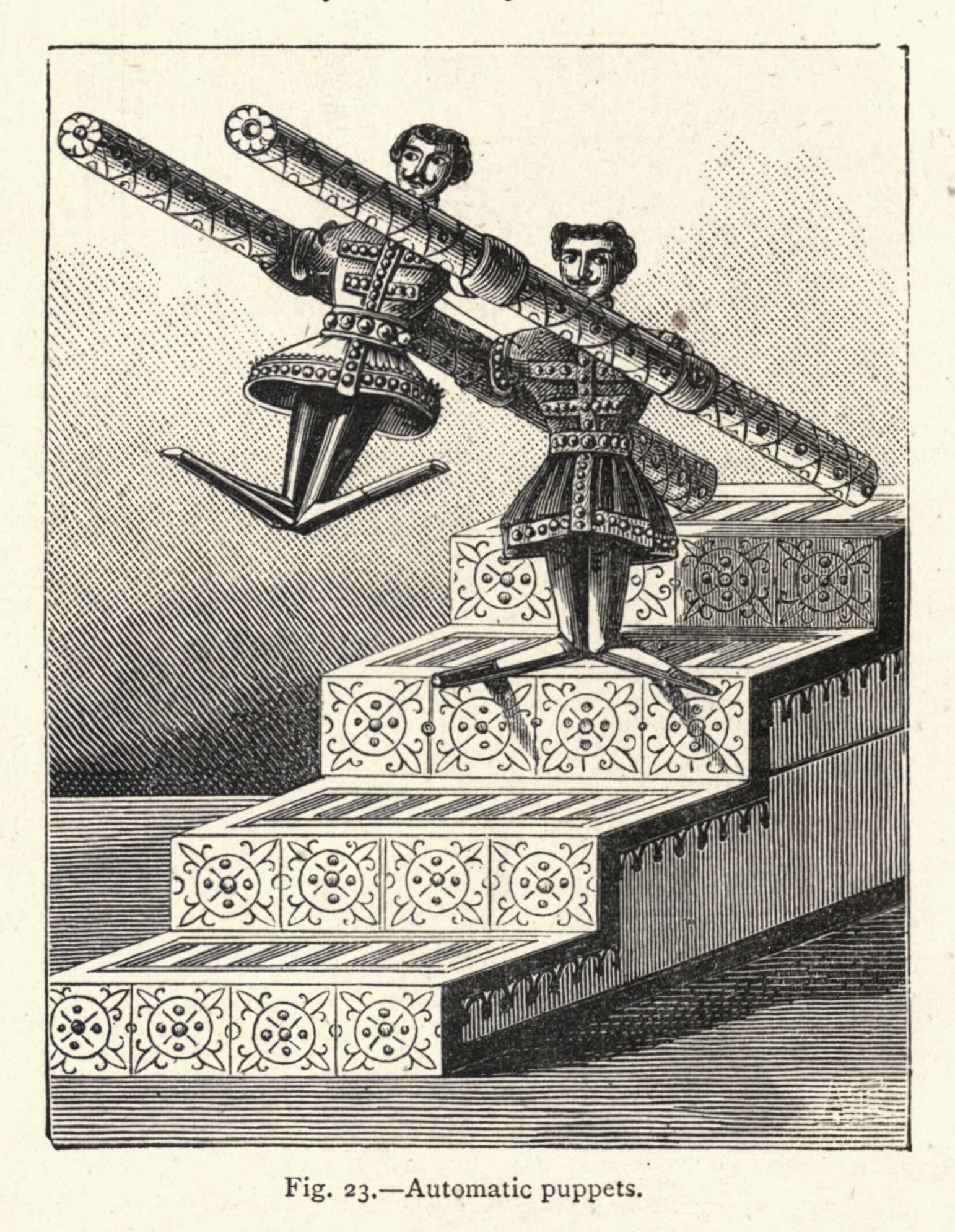Vintage illustration of automatic puppets on a staircase.