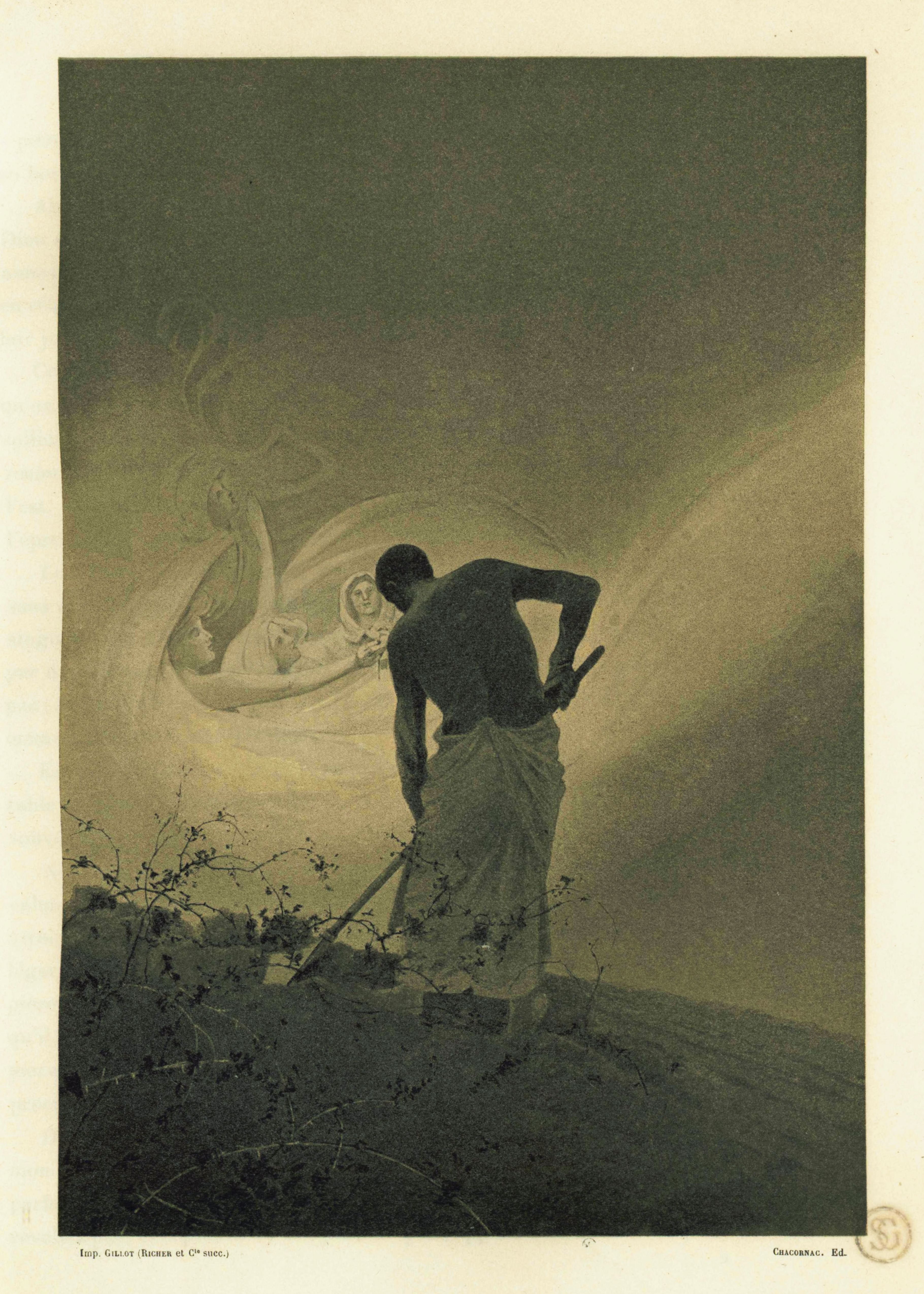 A vintage illustration of a man standing in a field with a tool, under a dramatic sky.