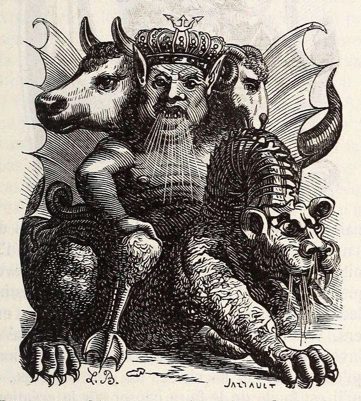 A detailed black and white woodcut illustration of a three-headed chimera-like creature with a bull, human, and lion head, each wearing a crown. The creature has a muscular body, wings, and clawed feet.