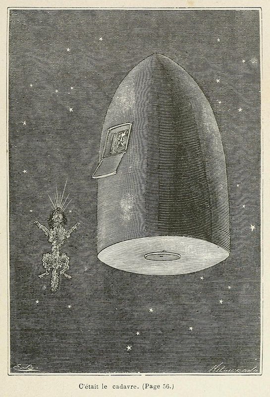 Vintage illustration of a rocket in space with a falling figure, labeled 'It was the corpse. (Page 56.)'