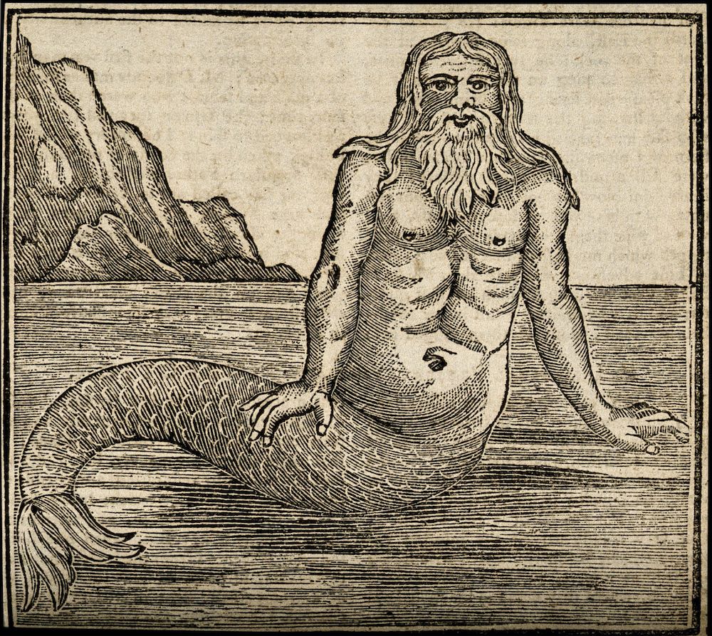 Vintage woodcut illustration of a mermaid-like creature with a human torso and fish tail, set against a backdrop of rocky formations and water.