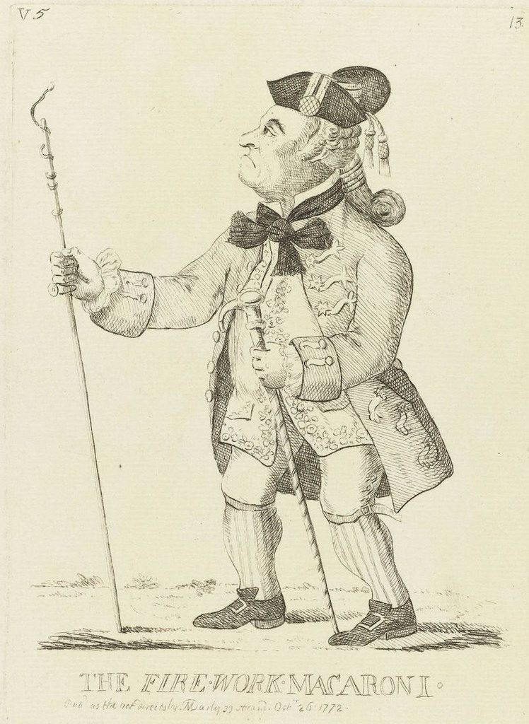 A black and white engraving of a man in 18th-century attire, titled 'THE FIRE-WORK MACARONI'.