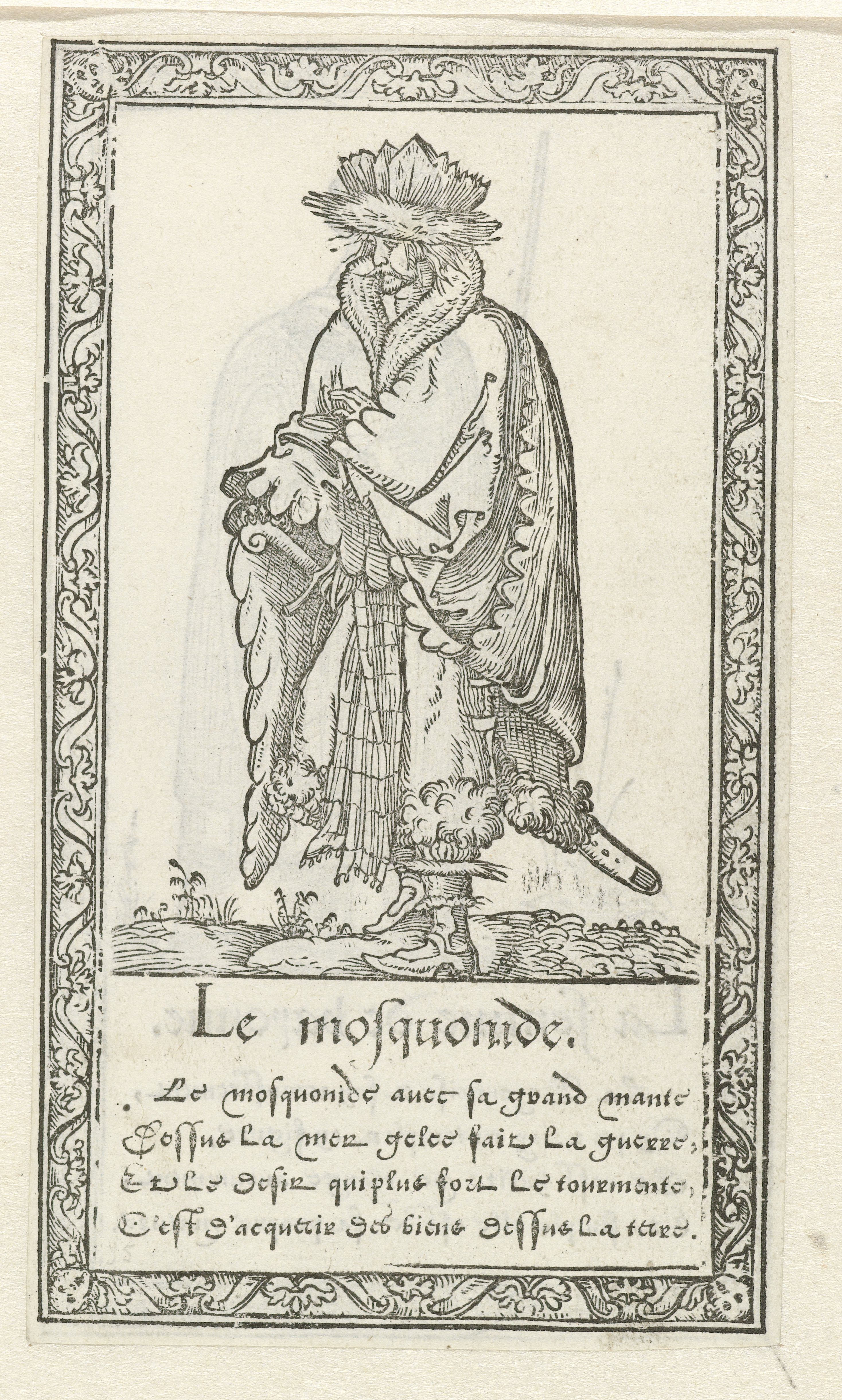 A black and white engraving of a tall, slender figure wearing a long robe and elaborate headdress, standing in a landscape. Below the image is a block of text in an old-fashioned script.