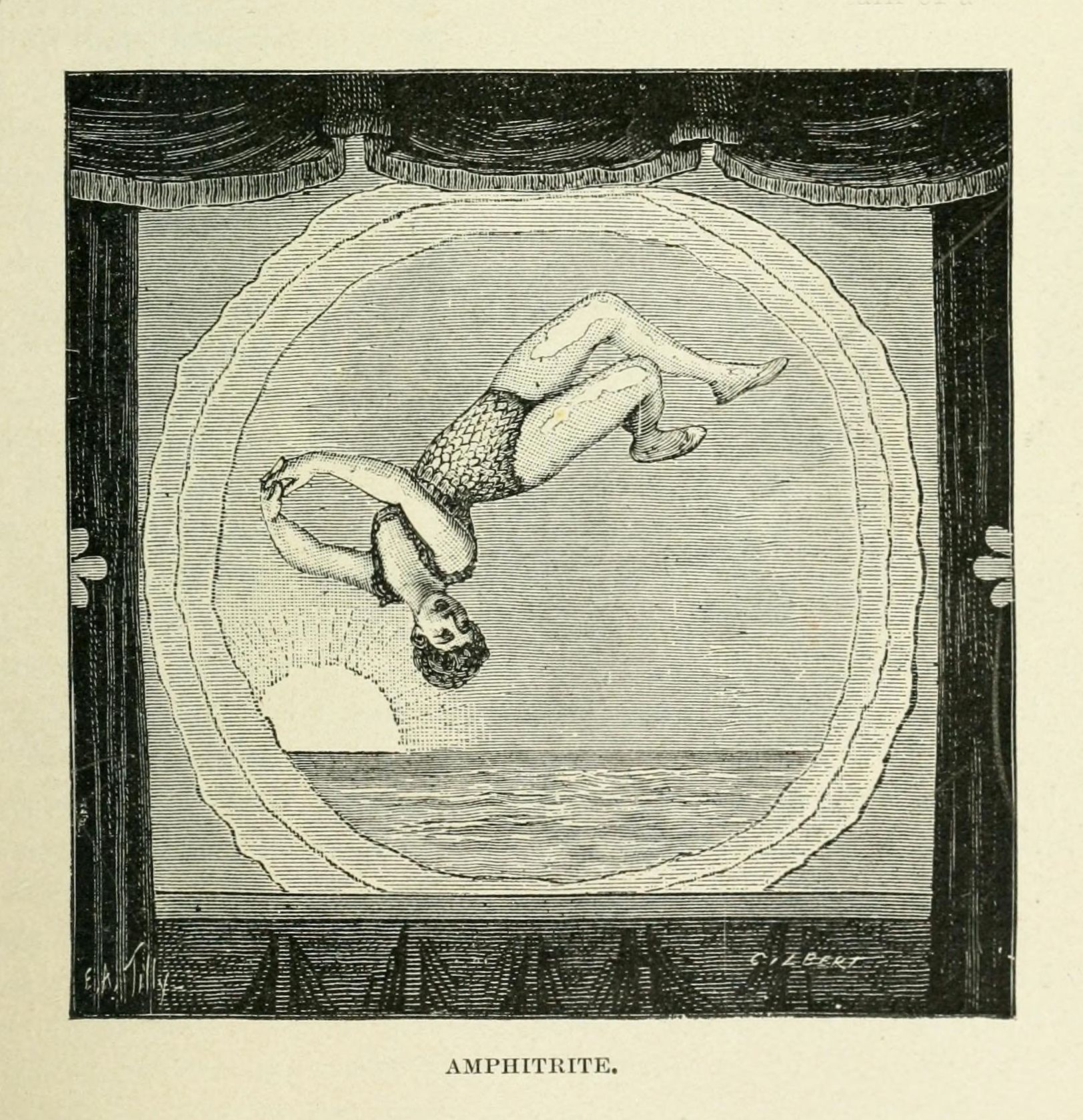 Vintage illustration of a person performing a gymnastic feat within a circular space, titled 'Amphitrite'.