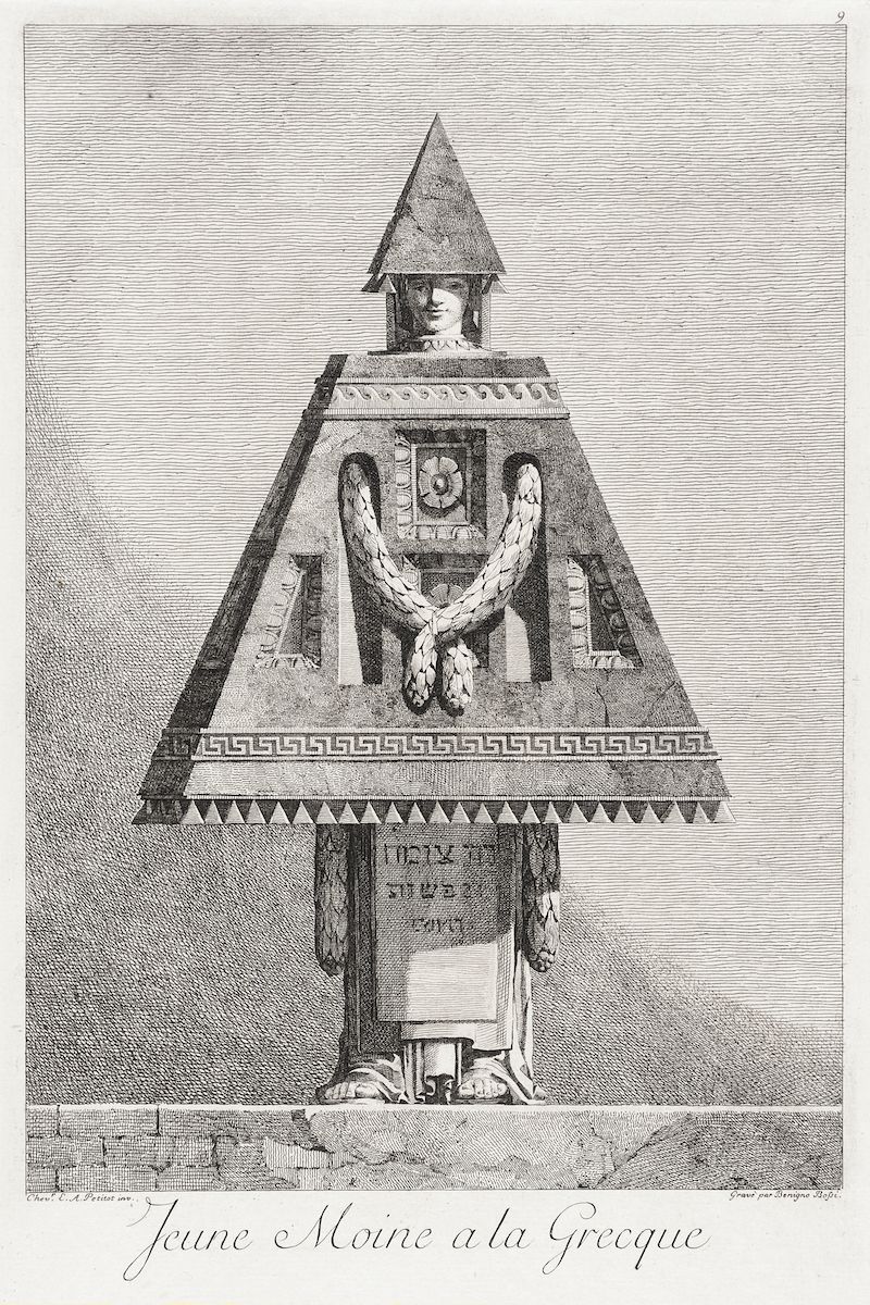 A black and white engraving of a stylized statue of a young monk in the Greek style, with geometric shapes and inscribed lettering.