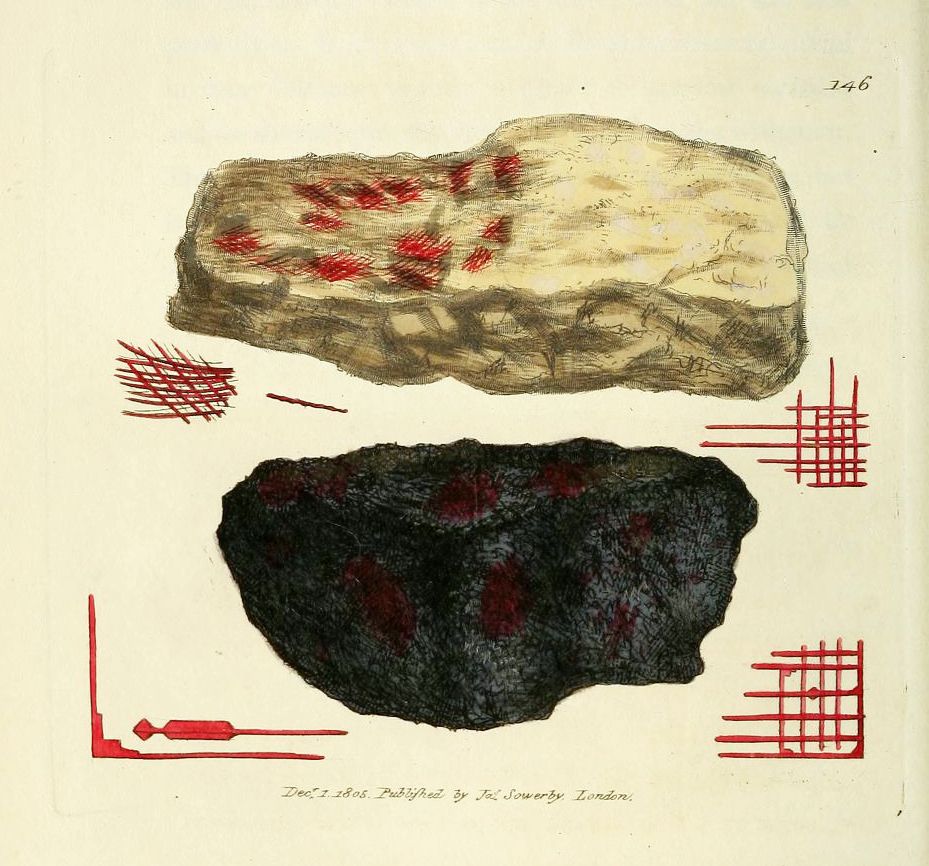 Vintage illustration of two rocks with red markings and geometric patterns.