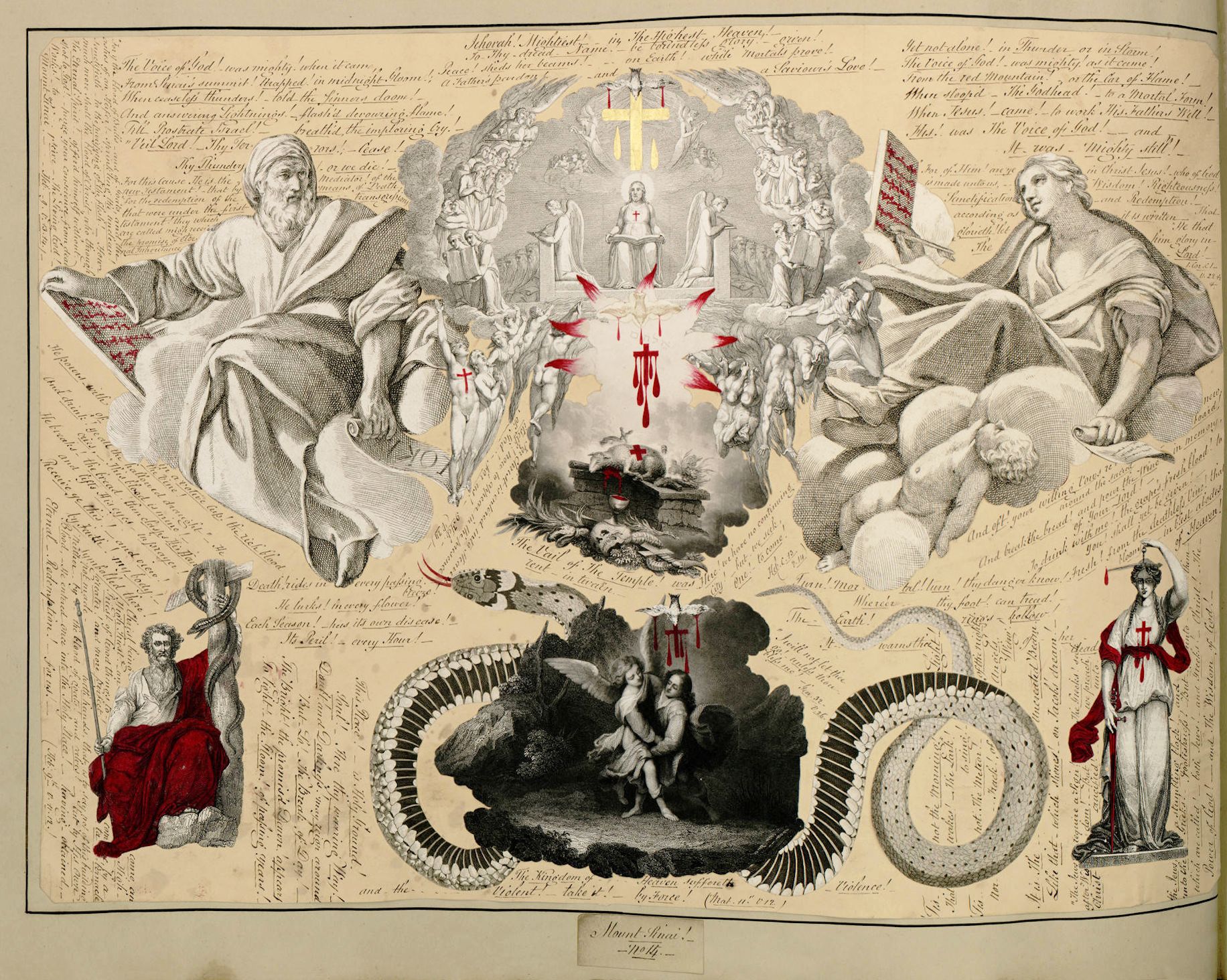 A detailed engraving depicting a battle between good and evil, with angels, a dragon, a cross, and dense handwritten text surrounding the central scene.