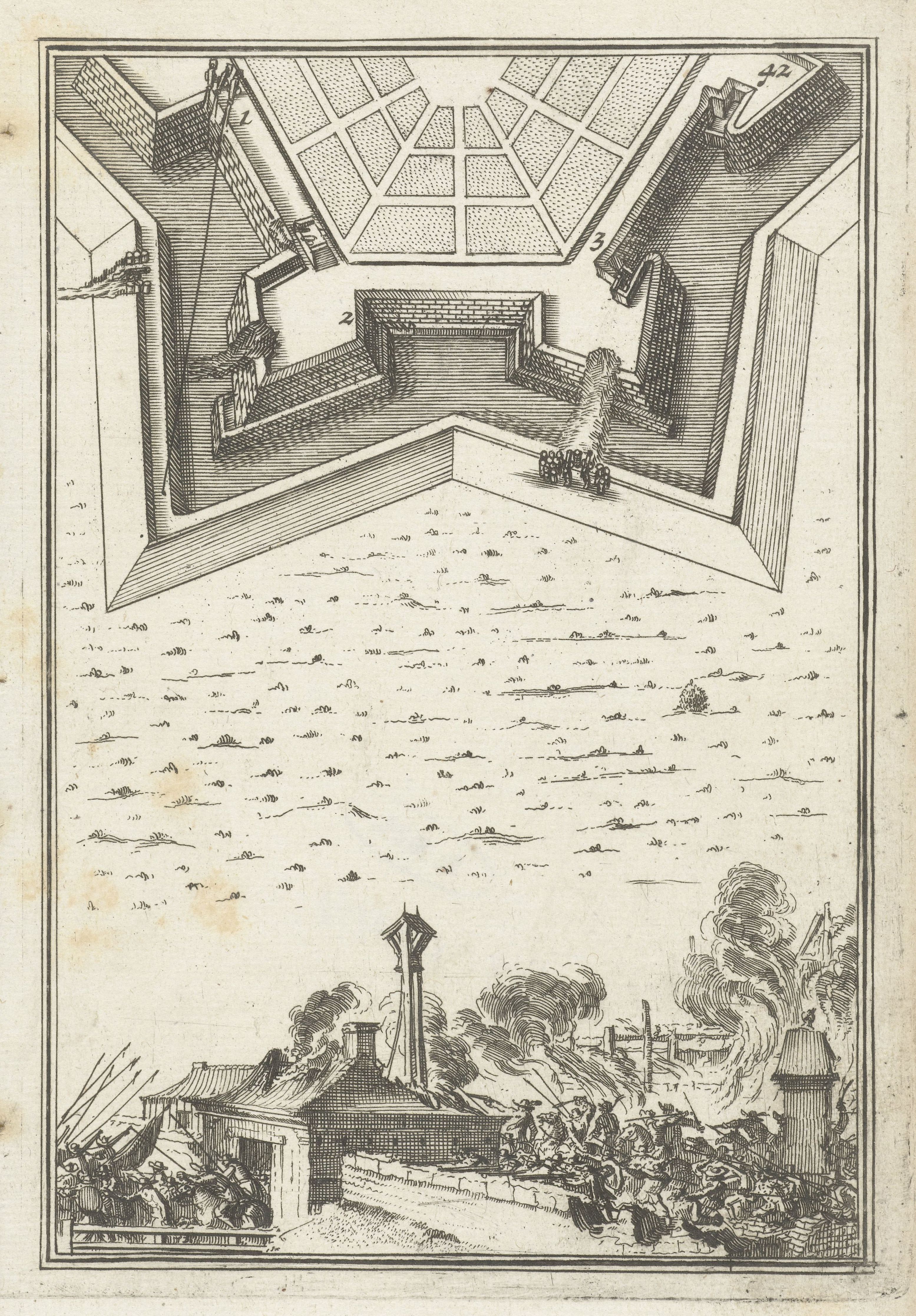 A black and white engraving of a star-shaped fort under siege, with soldiers battling, buildings burning, and ships in the background.