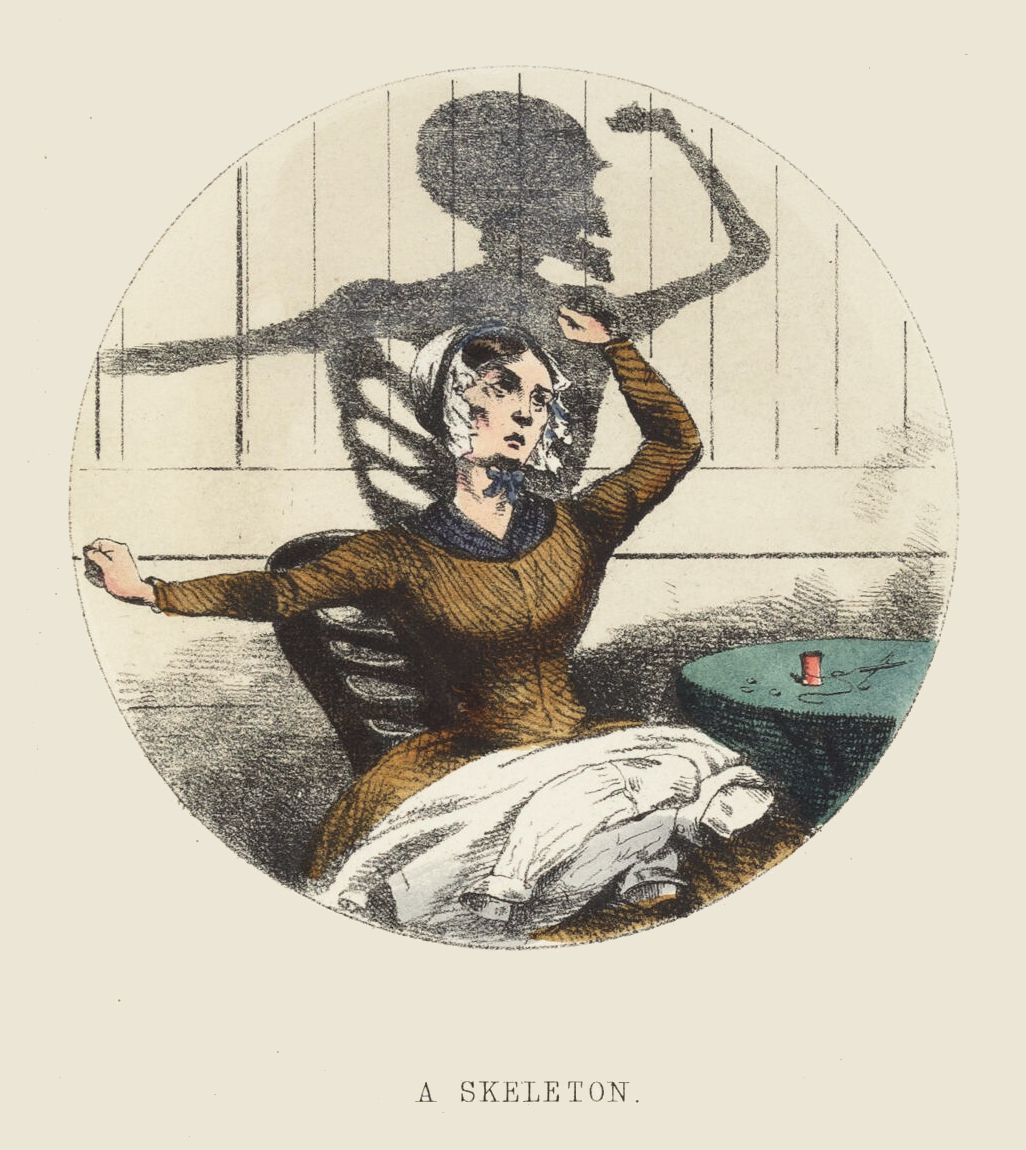Vintage illustration of a woman with a skeleton shadow looming over her.