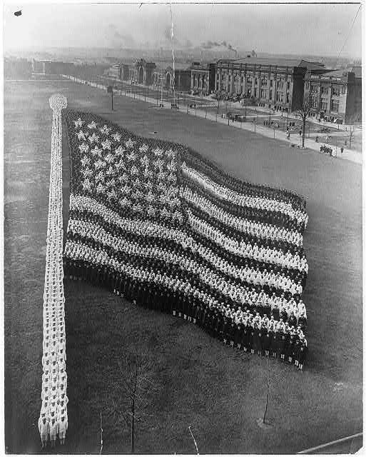 A large group of people arranged on a grassy field to form the shape of the American flag.