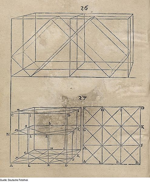 Vintage illustration of geometric diagrams showing rectangular prisms constructed from lines and triangles.