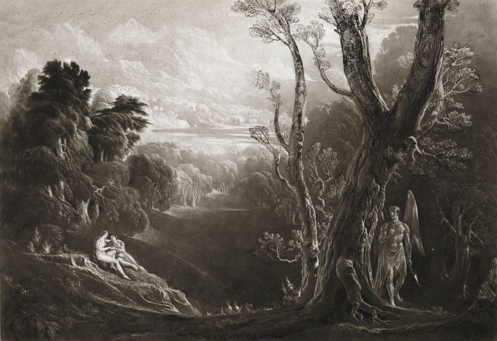 Black and white engraving of a landscape with figures, possibly Adam and Eve, and an angel, with dramatic lighting and swirling clouds.