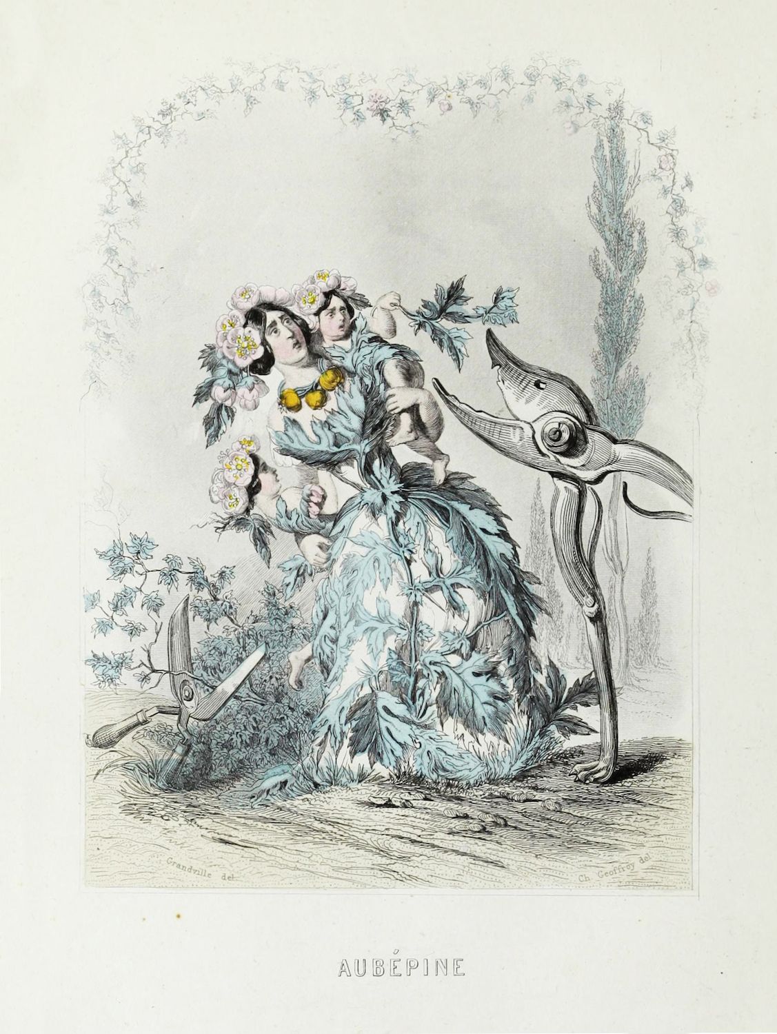Vintage engraving of a woman emerging from a floral arrangement with a stylized bird and pruning shears, labeled 'AUBEPINE'.
